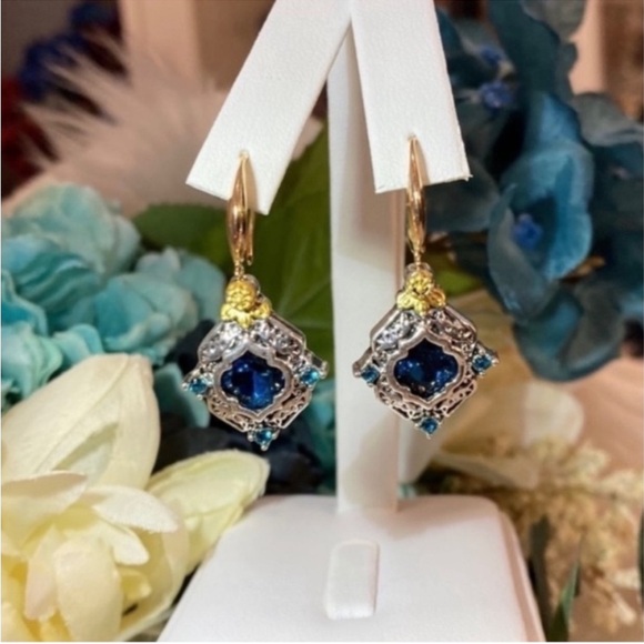 Sapphire Gemstone Dangle Drop Earrings With Antiqued Style Setting NEW! - Picture 2 of 7